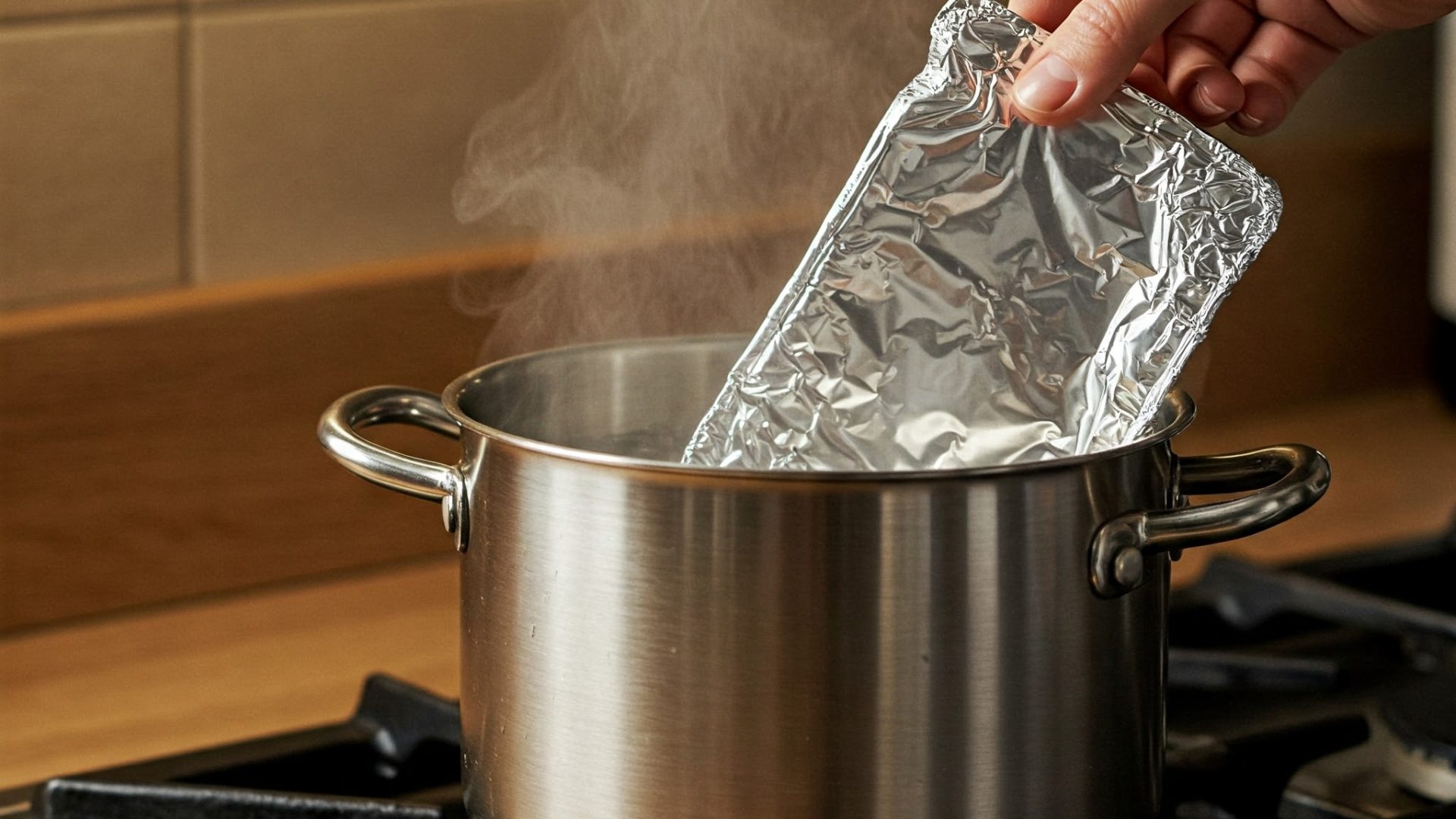 Coloca comida envuelta en papel de aluminio en olla hirviendo en estufa de gas, vapor subiendo, en cocina acogedora.