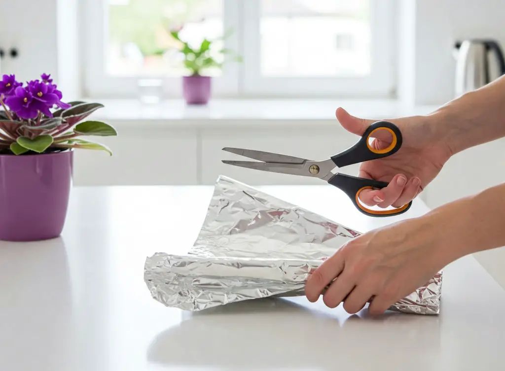 Persona corta papel de aluminio en la encimera; violeta africana en el alféizar sugiere proyecto DIY.