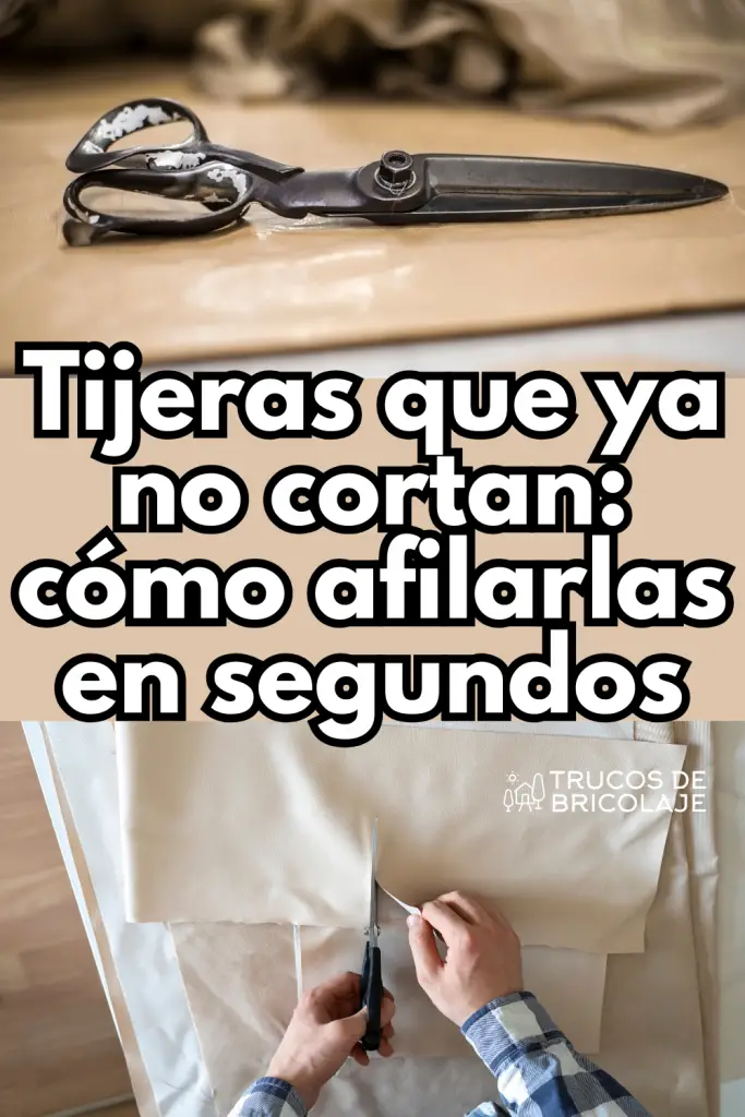 Tijeras vintage sobre papel y una persona cortando tela, destacando consejos de bricolaje y mantenimiento de herramientas.