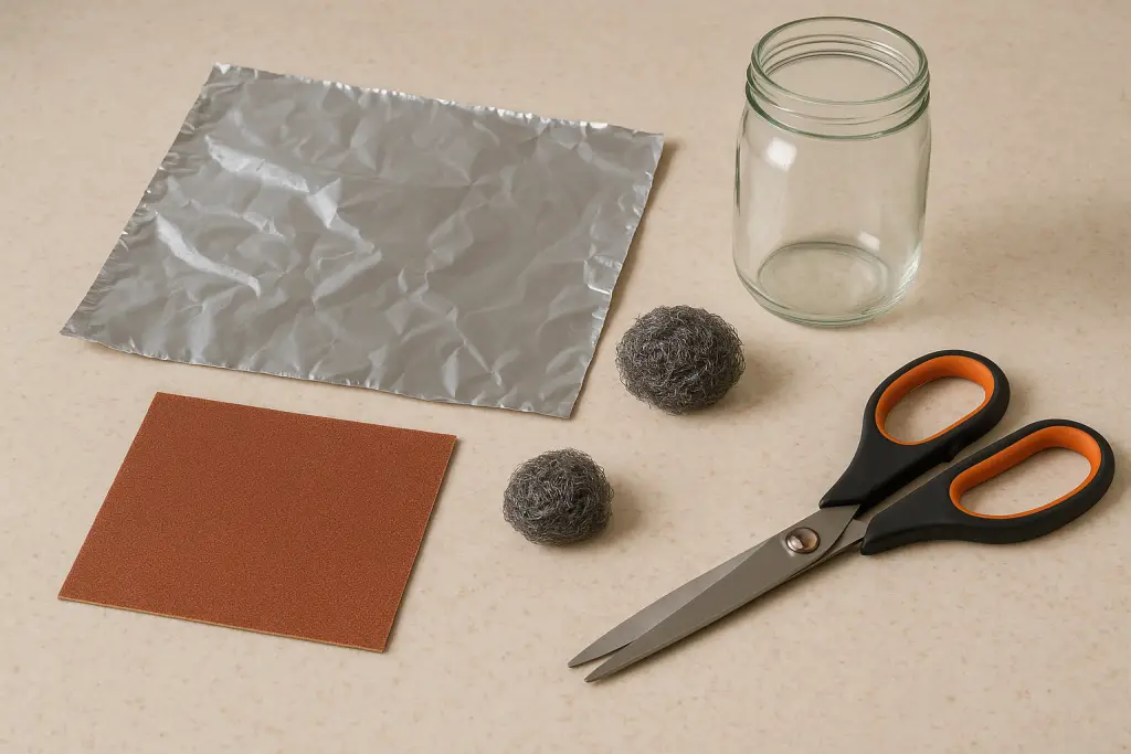 Herramientas y materiales de bricolaje para proyectos en casa: tijeras, tarro, papel de aluminio, papel de lija, estropajos de lana de acero.