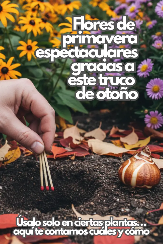 Una mano coloca varias cerillas nuevas en el fondo de un hoyo en la tierra, junto a un bulbo listo para plantar, rodeado de hojas secas y flores de colores otoñales.